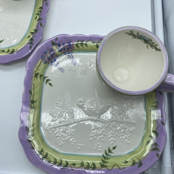 Wisteria Collection Snack 2 Set Plate and Cup w Embossed Bluebird Home Interior - Picture 5 of 10